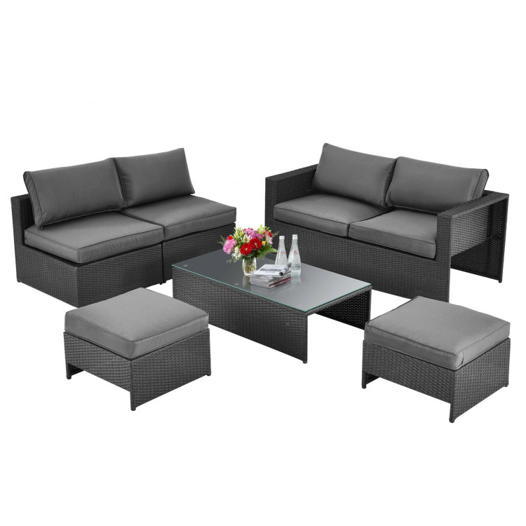 6 Pieces Patio Rattan Furniture Set with Glass Table and Cushioned Seat-GrayCostway Gallery View 4 of 11