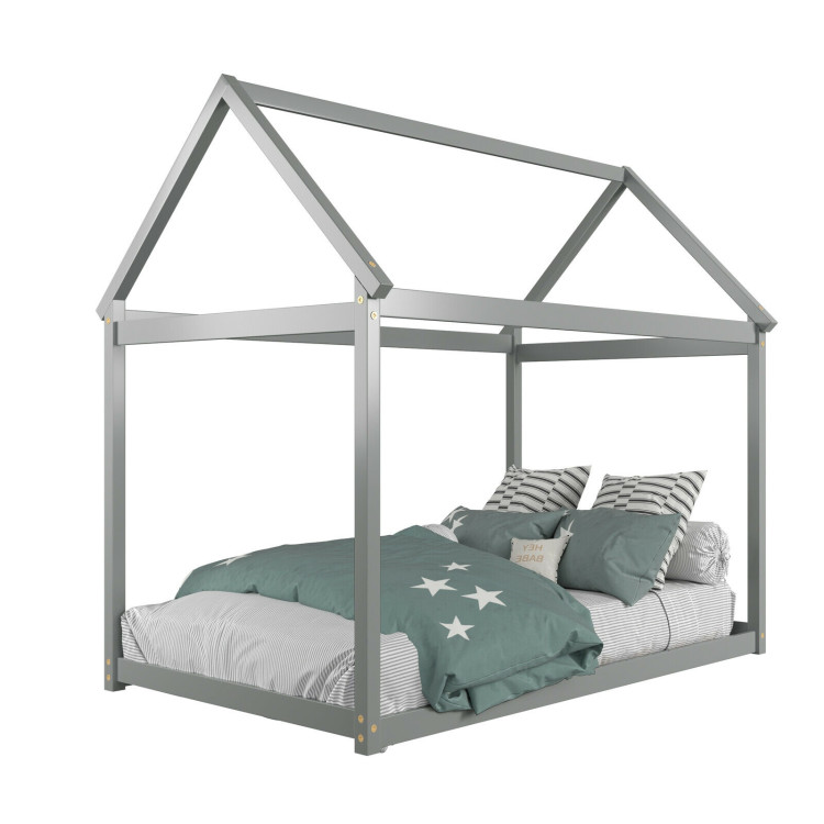 Stable Kids Platform Floor Bed with Roof ang Heavy-Duty Slats-GrayCostway Gallery View 11 of 12
