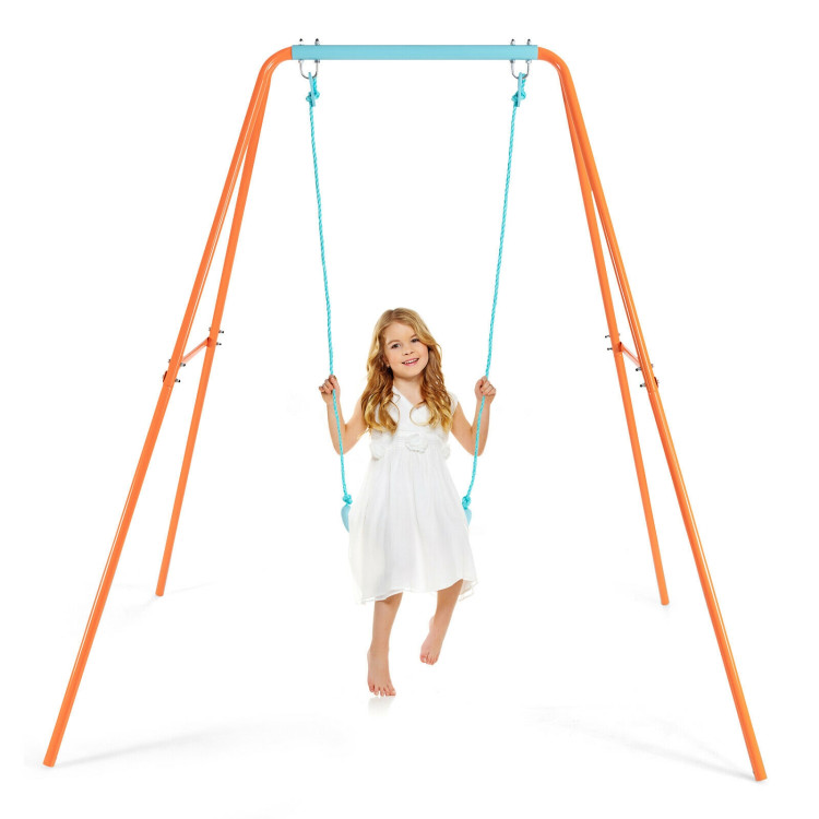 Outdoor Kids Swing Set with Heavy-Duty Metal A-Frame and Ground Stakes-OrangeCostway Gallery View 10 of 12