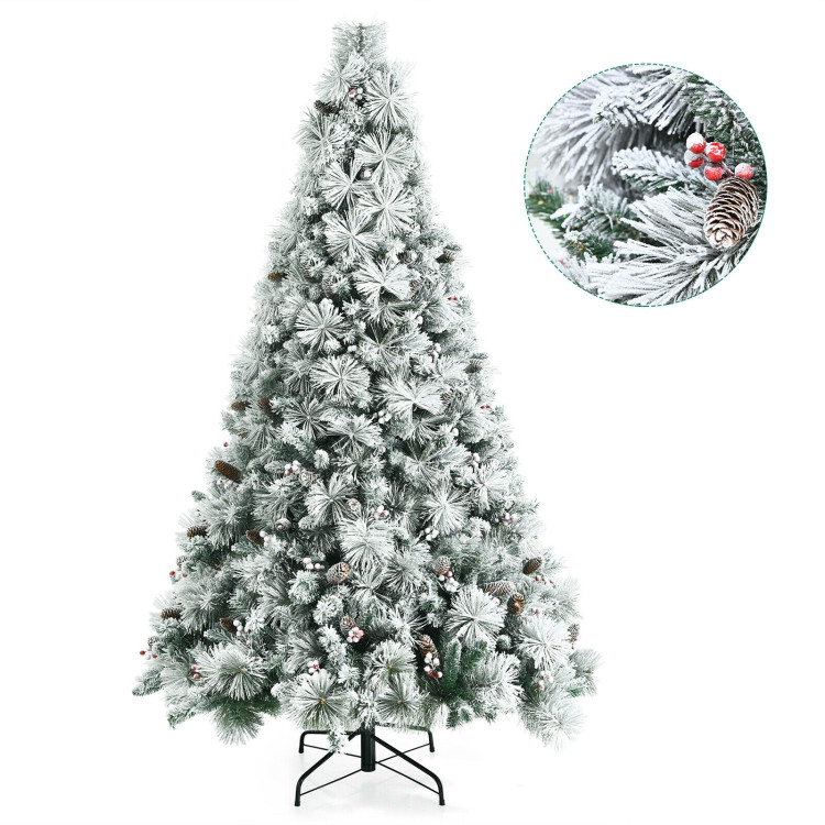 7 Feet Snow Flocked Christmas Tree with Pine Cone and Red BerriesCostway Gallery View 7 of 11