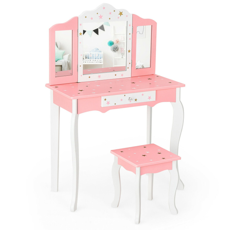 Kids Princess Vanity Table and Stool Set with Tri-folding Mirror and Drawer-PinkCostway Gallery View 1 of 12