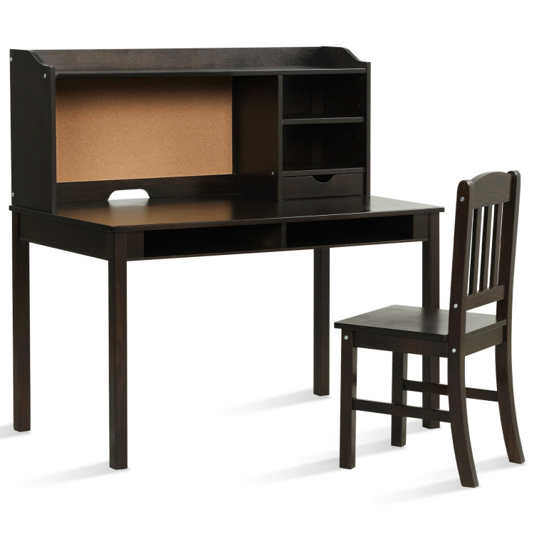 Kids Desk and Chair Set Study Writing Desk with Hutch and Bookshelves-BrownCostway Gallery View 1 of 12