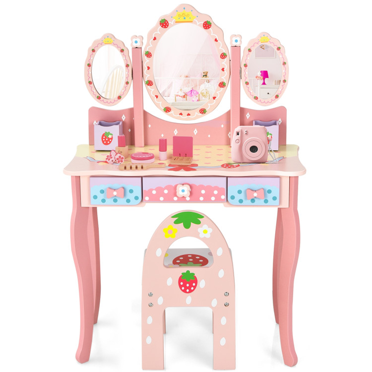 Kids Vanity Princess Makeup Dressing Table Chair Set with Tri-fold Mirror-PinkCostway Gallery View 3 of 10