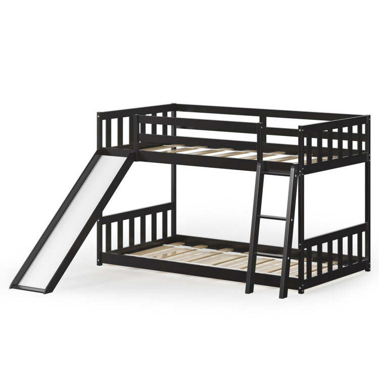 Twin over Twin Bunk Wooden Low Bed with Slide Ladder for Kids-Dark BrownCostway Gallery View 4 of 12
