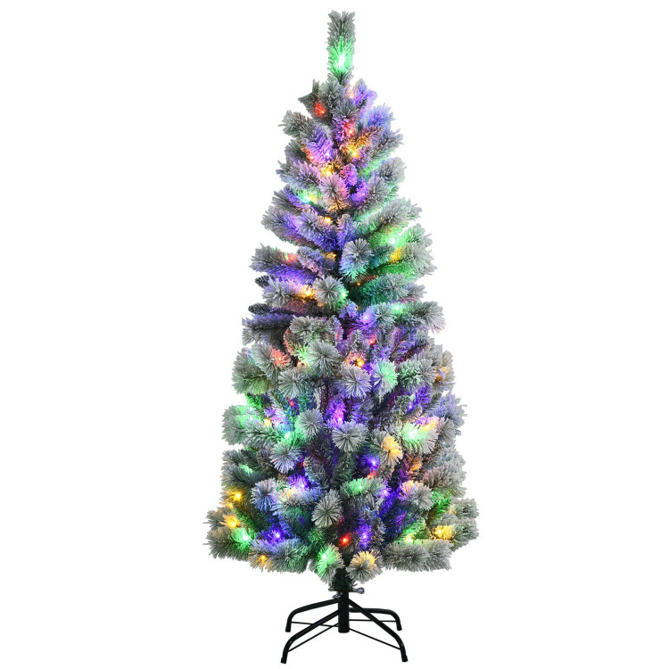 5 Feet Pre-Lit Hinged Christmas Tree Snow Flocked with 9 Modes Remote Control LightsCostway Gallery View 1 of 12
