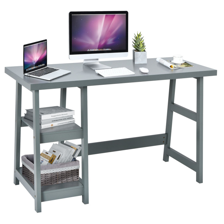 Wooden Trestle Computer Desk with 2-Tier Removable Shelves-GrayCostway Gallery View 3 of 10