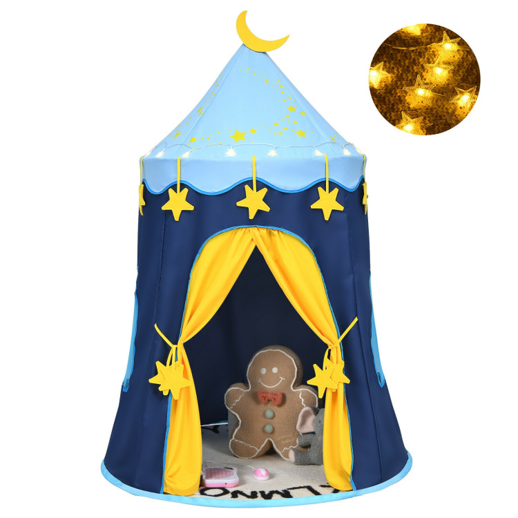 Indoor Outdoor Kids Foldable Pop-Up Play Tent with Star Lights Carry Bag-BlueCostway Gallery View 3 of 12