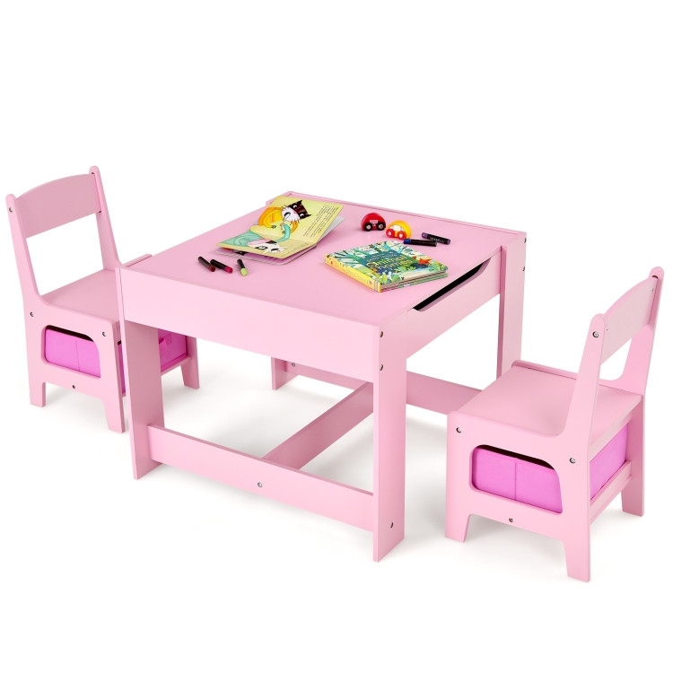 Kids Table Chairs Set With Storage Boxes Blackboard Whiteboard Drawing-PinkCostway Gallery View 1 of 12