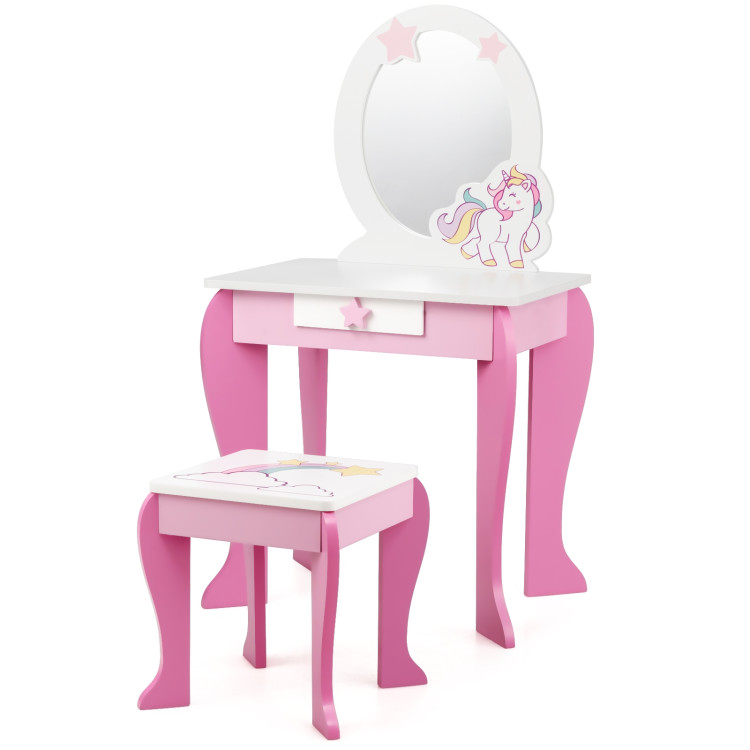 Kids Wooden Makeup Dressing Table and Chair Set with Mirror and DrawerCostway Gallery View 4 of 12