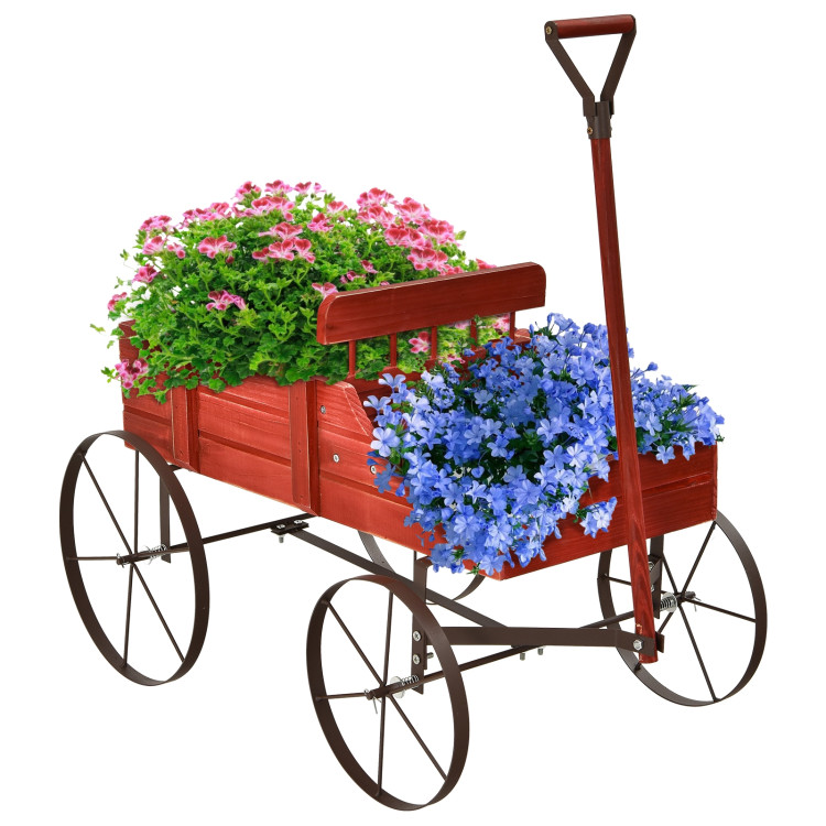 Wooden Wagon Plant Bed With Wheel for Garden Yard-RedCostway Gallery View 10 of 12