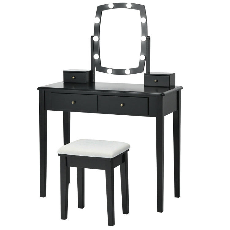 Vanity Table Set with Lighted Mirror for Bedroom and Dressing Room-BlackCostway Gallery View 3 of 10
