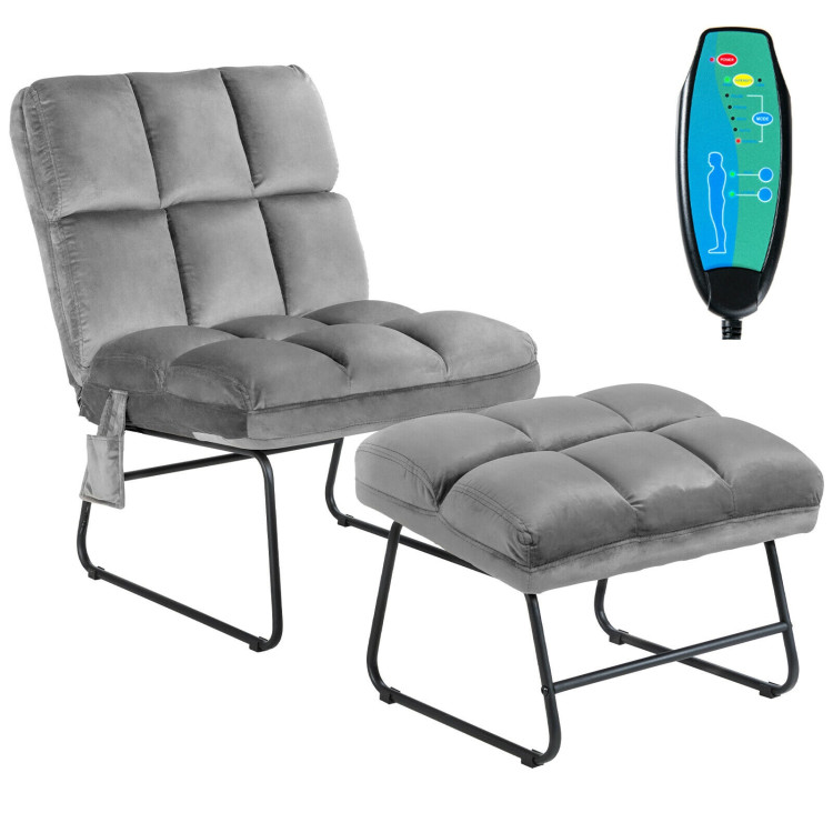 Velvet Massage Recliners with Ottoman Remote Control and Side Pocket-GrayCostway Gallery View 8 of 13