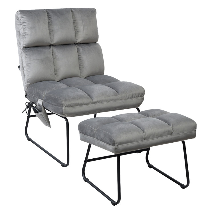 Velvet Massage Recliners with Ottoman Remote Control and Side Pocket-GrayCostway Gallery View 3 of 13