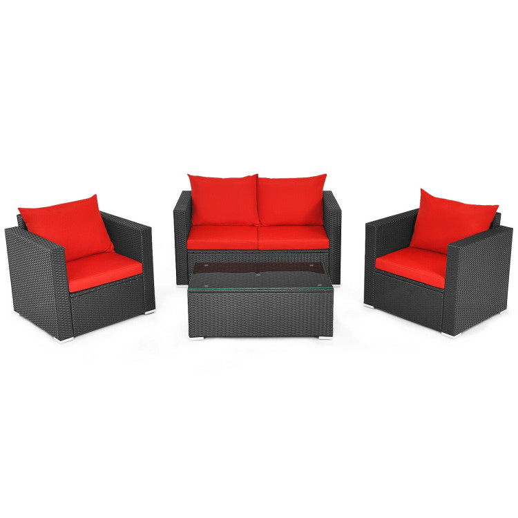 4 Pieces Patio Rattan Conversation Set with Padded Cushion and Tempered Glass Coffee Table-RedCostway Gallery View 3 of 11