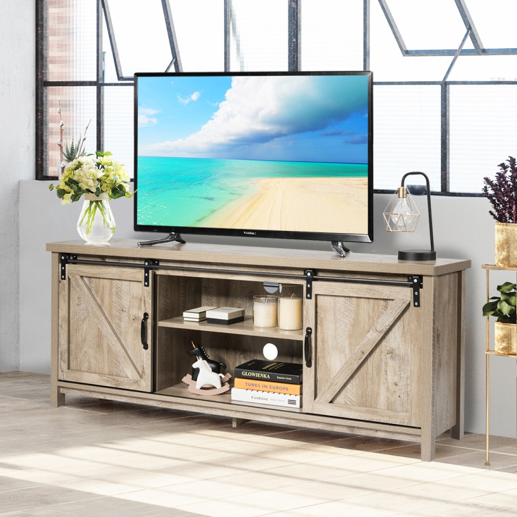 TV Stand Media Center Console Cabinet with Sliding Barn Door - GrayCostway Gallery View 2 of 12