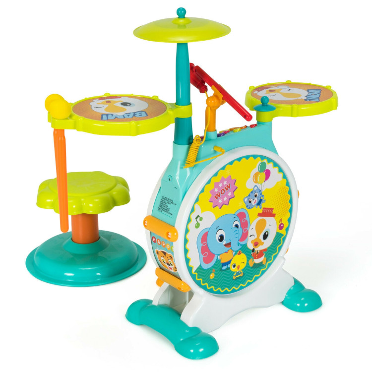 3 Pieces Electric Kids Drum Set with Microphone Stool PedalCostway Gallery View 8 of 12