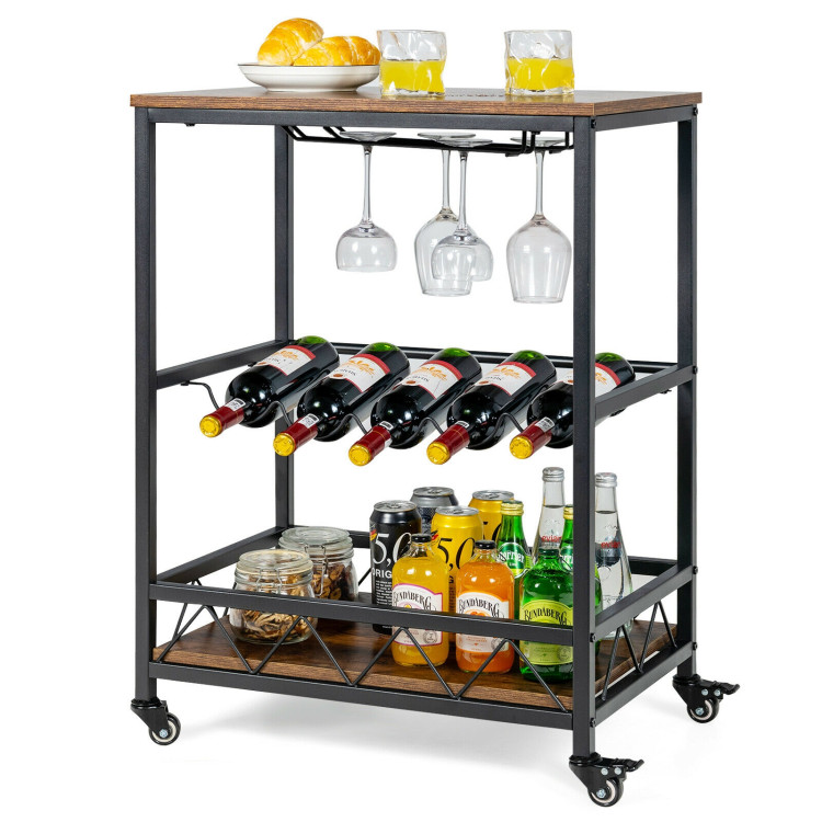 Kitchen Bar Cart Serving Trolley on Wheels with Wine Rack Glass Holder-Rustic BrownCostway Gallery View 7 of 11