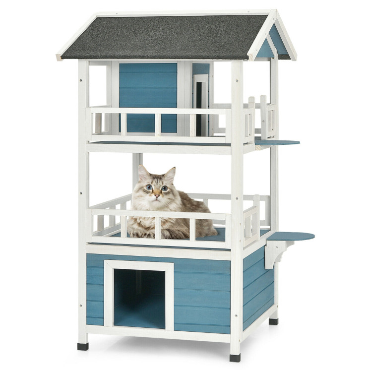 2-Story Outdoor Wooden Catio Cat House Shelter with EnclosureCostway Gallery View 3 of 11