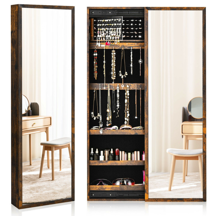 Wall Mounted Jewelry Full-Length Mirror Slide Cabinet Armoire-Rustic BrownCostway Gallery View 9 of 12