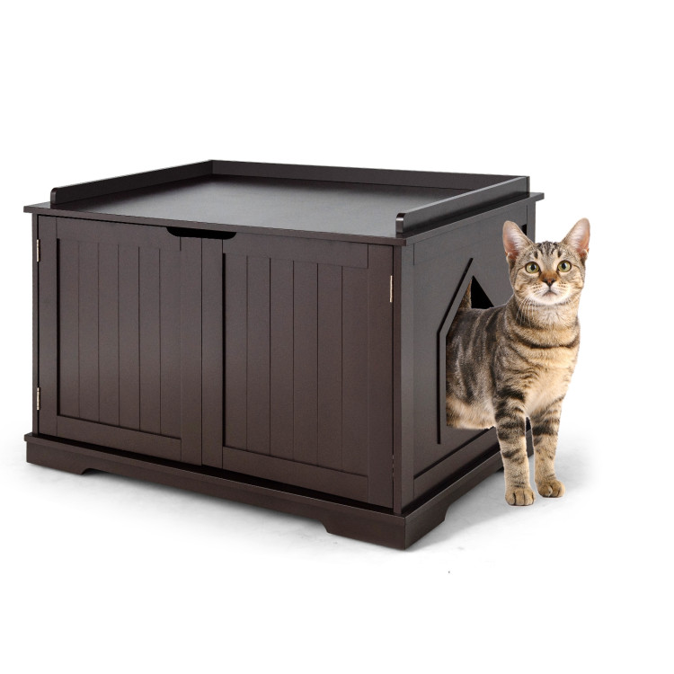 Cat Litter Box Enclosure with Double Doors for Large Cat and Kitty-BrownCostway Gallery View 3 of 10