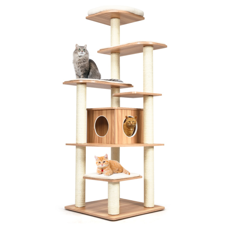 Wood Multi-Layer Platform Cat Tree with Scratch Resistant RopeCostway Gallery View 8 of 12