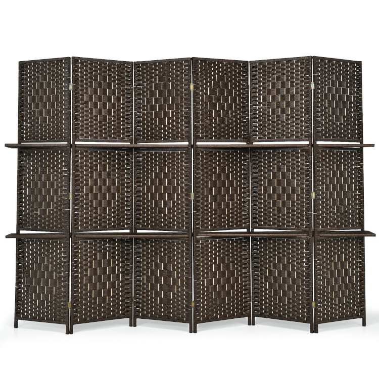 6 Panel Folding Weave Fiber Room Divider with 2 Display Shelves -BrownCostway Gallery View 1 of 11