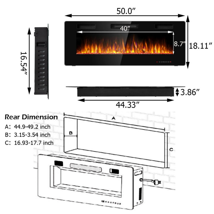 50 inch Recessed Ultra Thin Wall Mounted Electric Fireplace with TimerCostway Gallery View 4 of 13