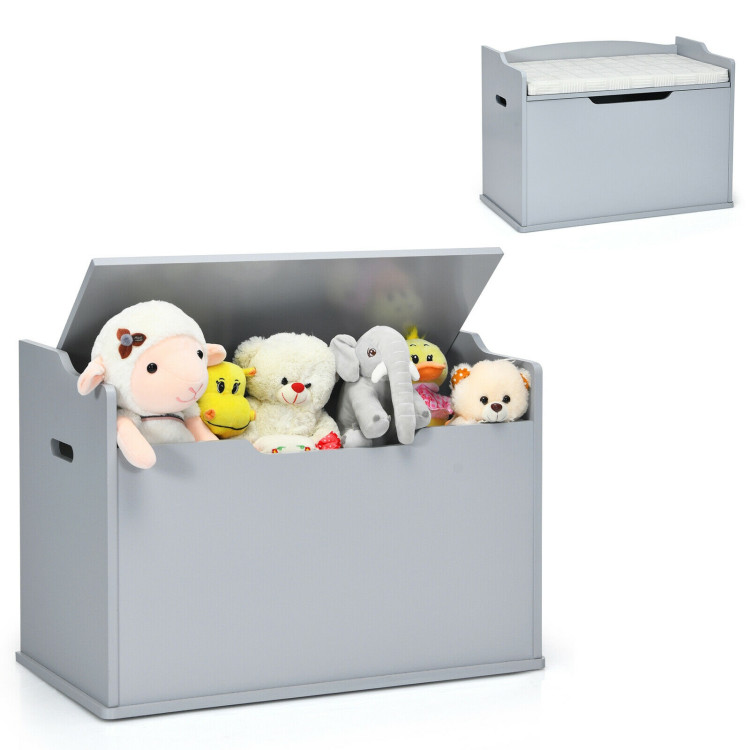 Kids Toy Wooden Flip-top Storage Box Chest Bench with Cushion Hinge-GrayCostway Gallery View 10 of 12
