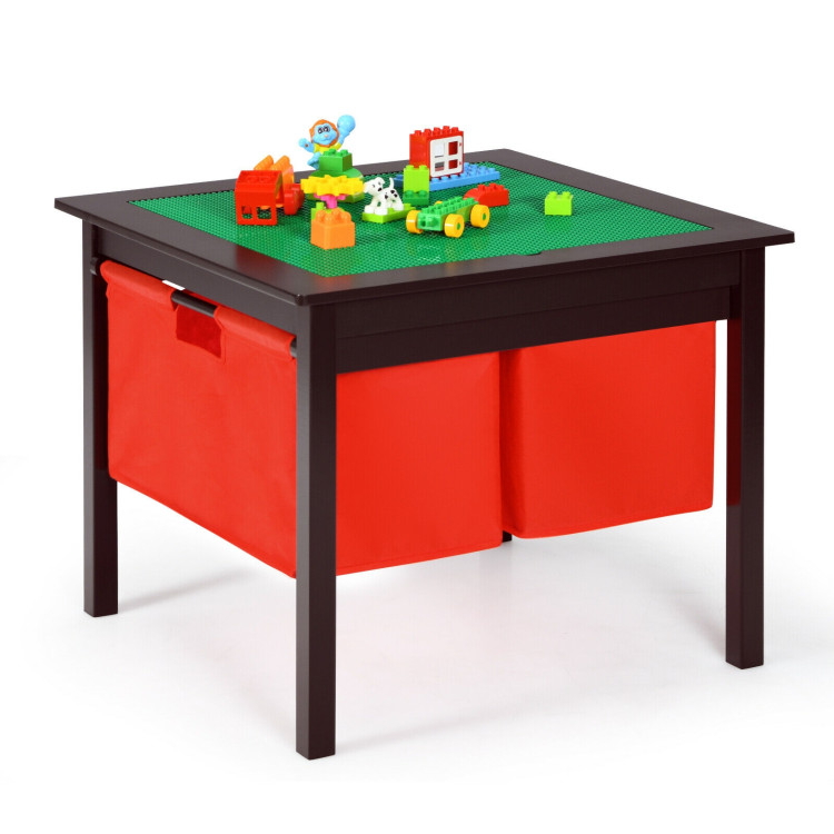 2-in-1 Kids Double-sided Activity Building Block Table with Drawers-BrownCostway Gallery View 3 of 12