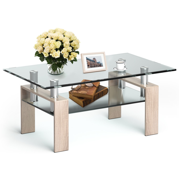 Rectangle Glass Coffee Table with Metal Legs for Living Room-NaturalCostway Gallery View 3 of 10