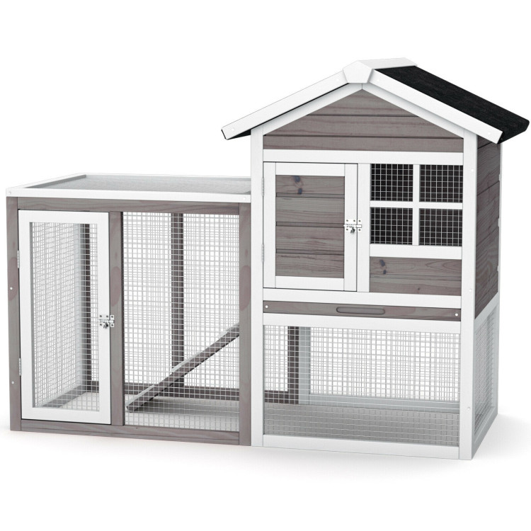 2-Story Wooden Rabbit Hutch with Running Area-GrayCostway Gallery View 4 of 10