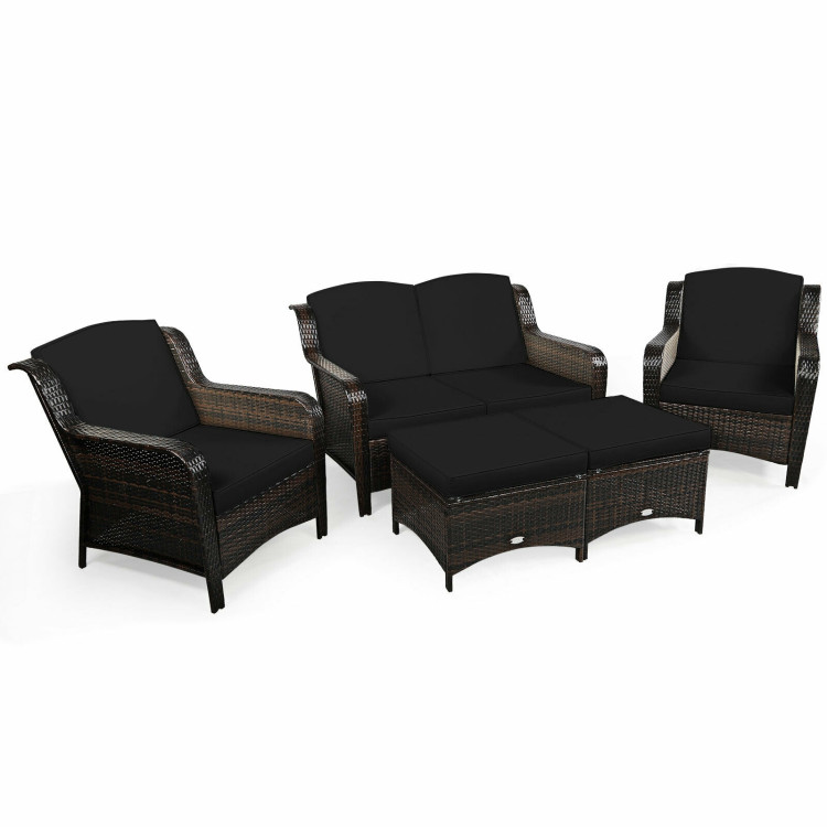5 Pieces Patio Rattan Sofa Set with Cushion and Ottoman-BlackCostway Gallery View 9 of 12