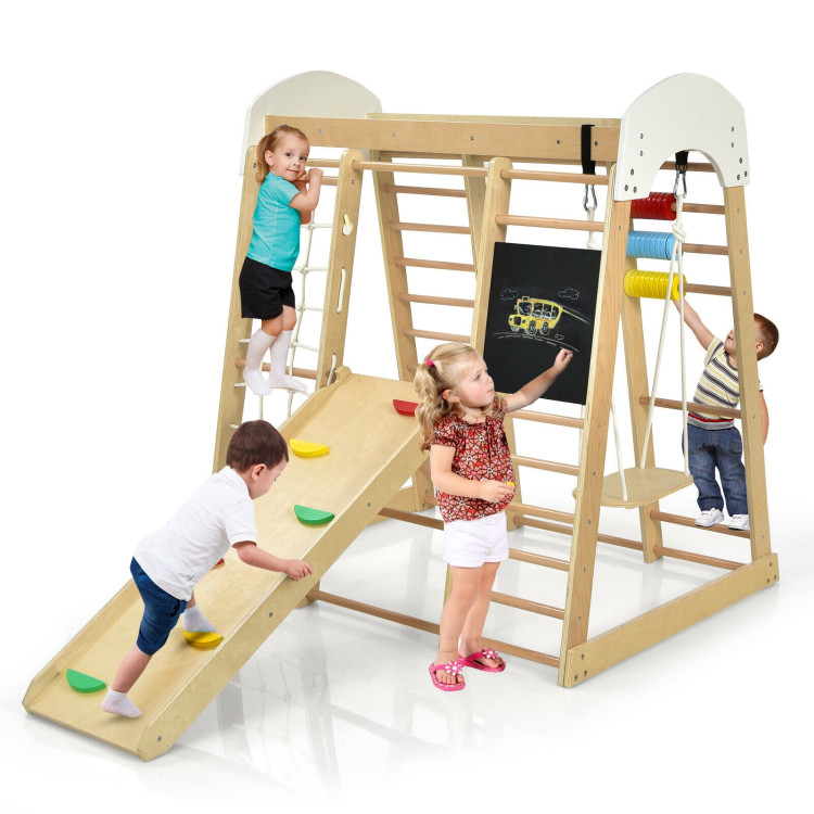 Indoor Playground Climbing Gym Wooden 8-in-1 Climber Playset for Children-NaturalCostway Gallery View 8 of 10