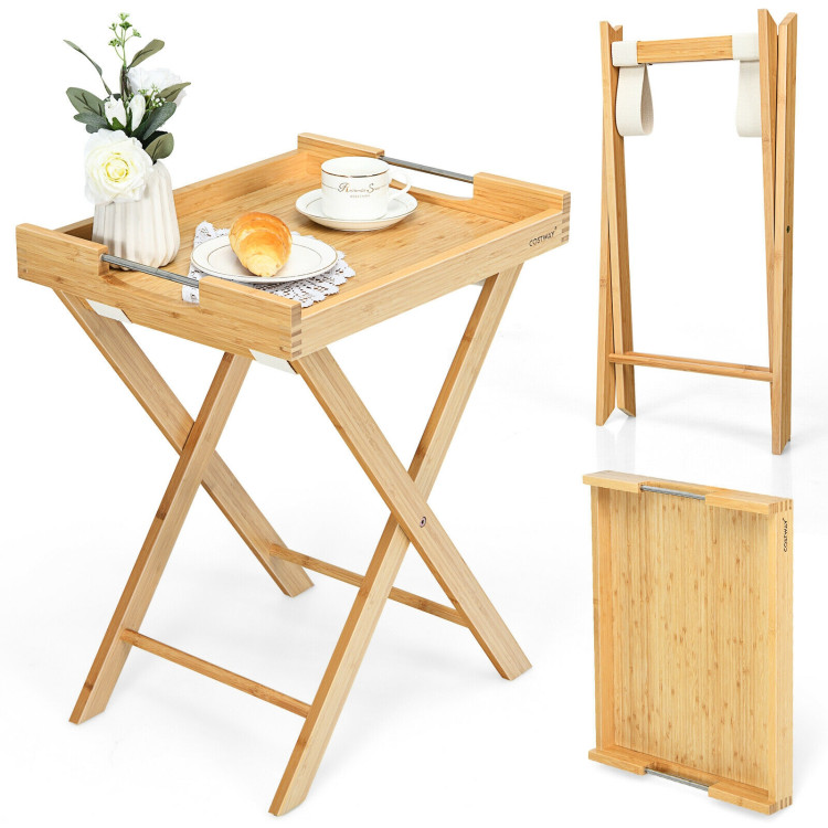 Bamboo Lipped Multi-Functional Snack Side Table-NaturalCostway Gallery View 9 of 12