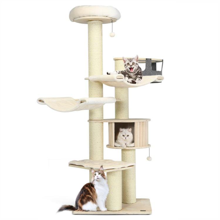 77.5-Inch Cat Tree Condo Multi-Level Kitten Activity Tower with Sisal Posts-Cream WhiteCostway Gallery View 1 of 10