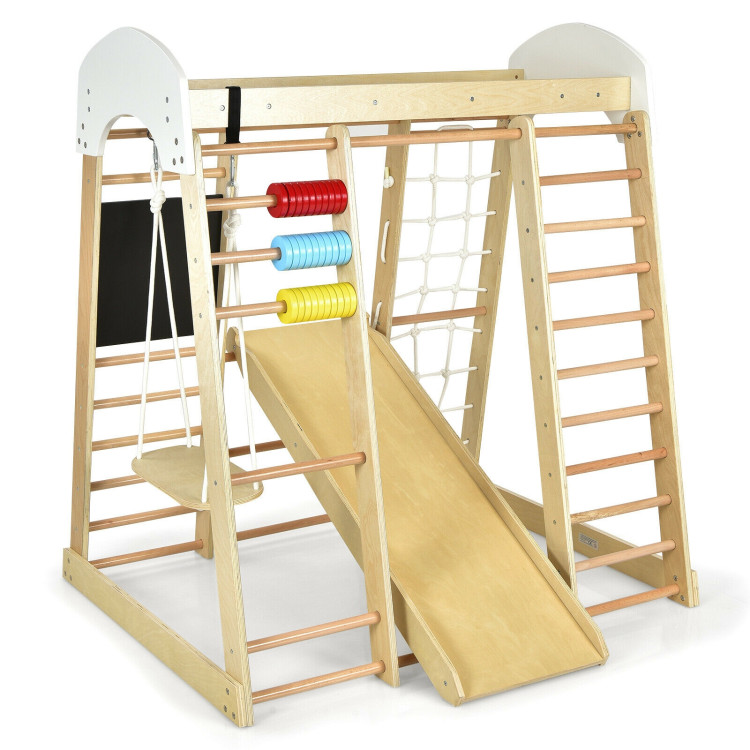 Indoor Playground Climbing Gym Wooden 8-in-1 Climber Playset for Children-NaturalCostway Gallery View 1 of 10