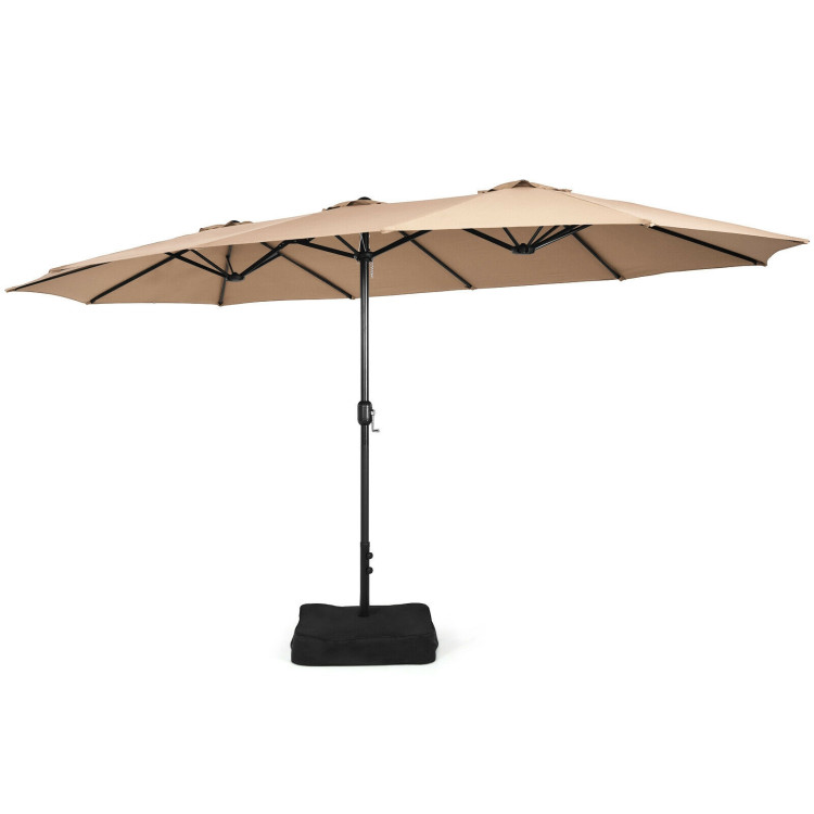 15 Feet Double-Sided Twin Patio Umbrella with Crank and Base-BrownCostway Gallery View 4 of 11
