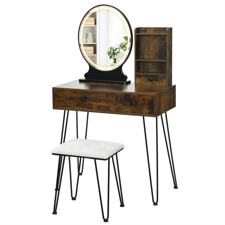 Vanity Table Set with Lighted Mirror and Cushion Stool-BrownCostway Gallery View 7 of 9