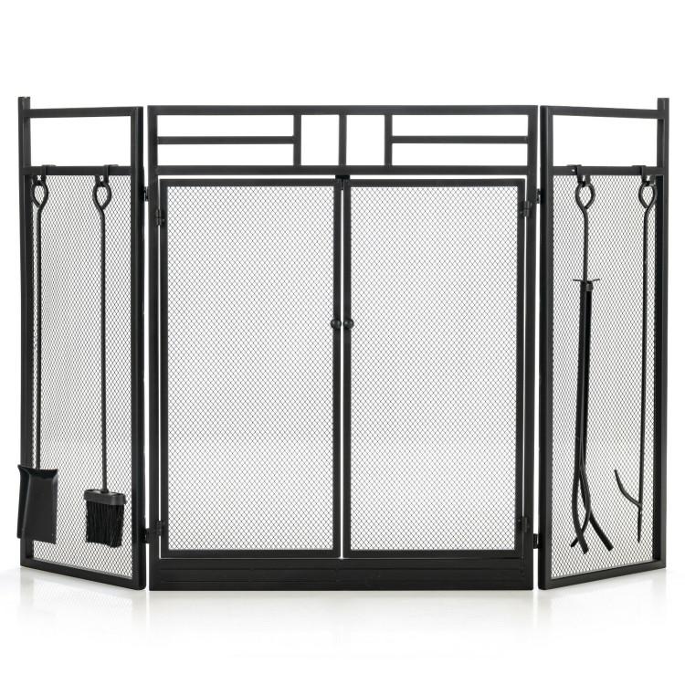 3-Panel Folding Wrought Iron Fireplace Screen with Doors and 4 Pieces Tools Set-BlackCostway Gallery View 1 of 10