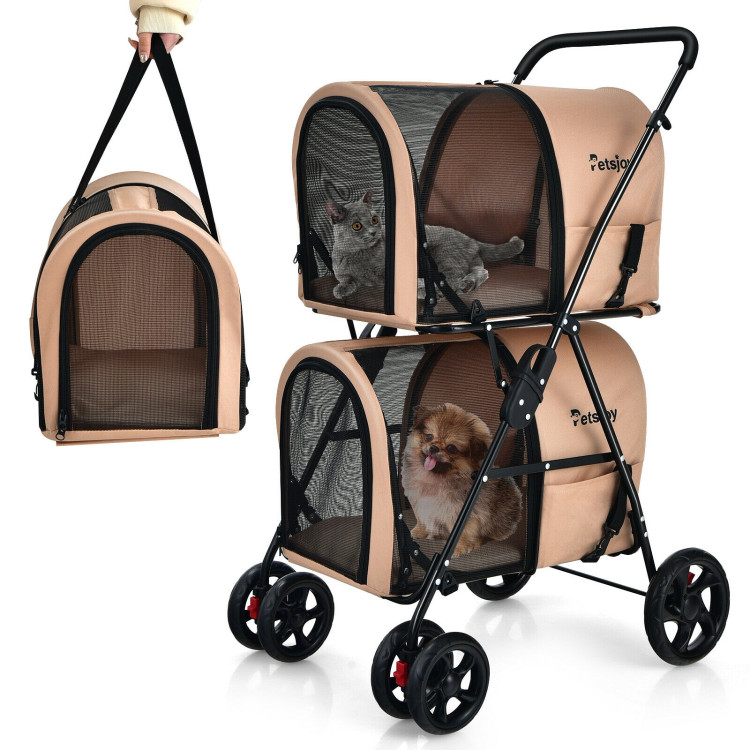 4-in-1 Double Pet Stroller with Detachable Carrier and Travel Carriage-BeigeCostway Gallery View 4 of 9