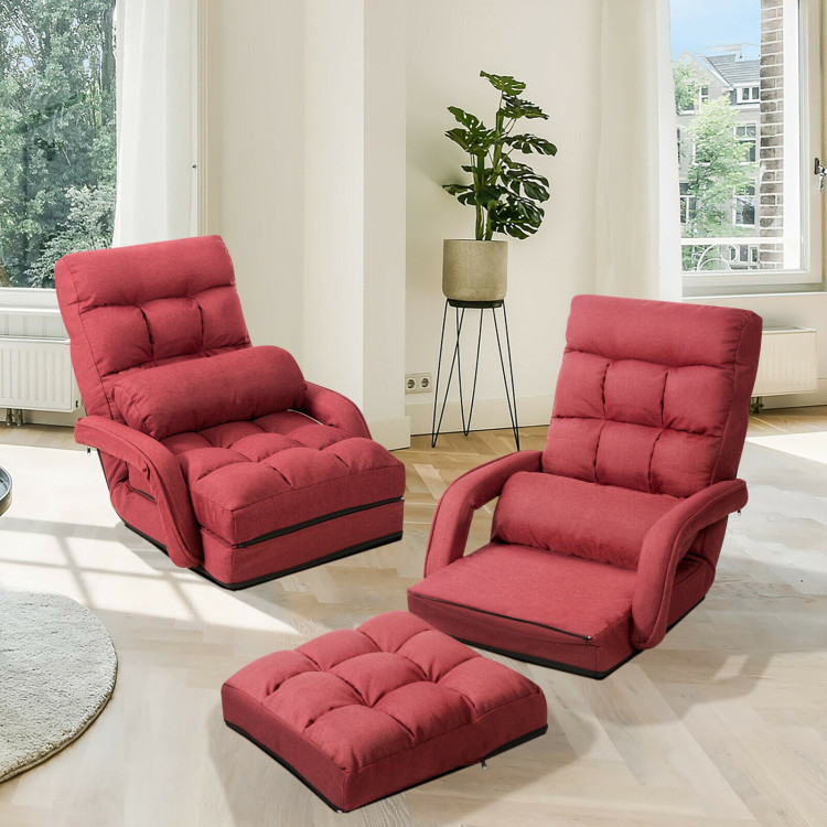 Folding Lazy Floor Chair Sofa with Armrests and Pillow-RedCostway Gallery View 2 of 11