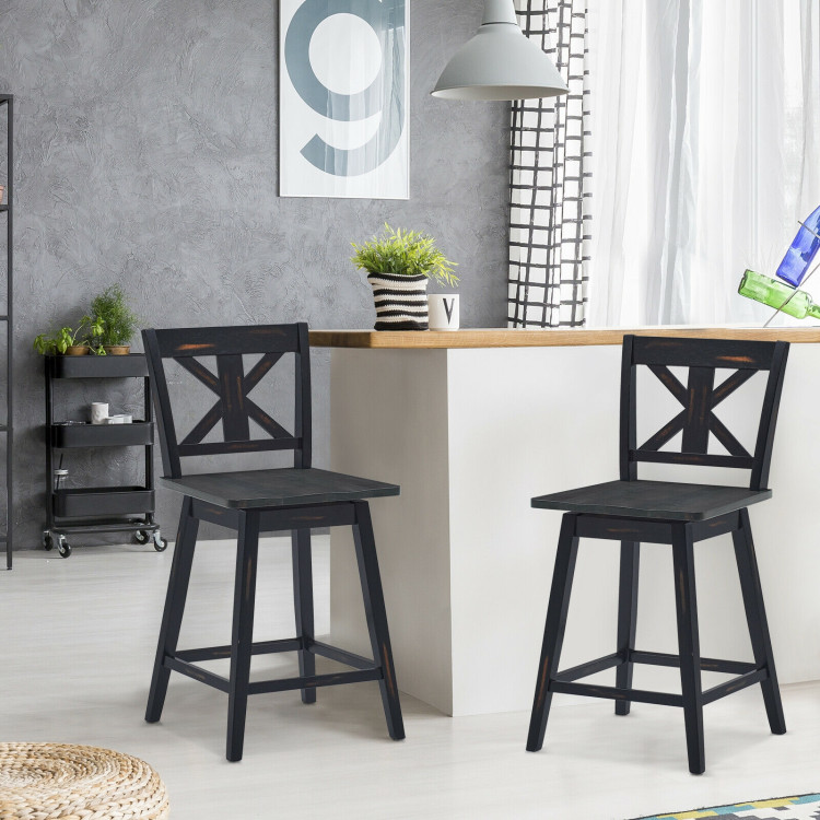 Set of 2 Swivel Counter Height Bar Stools with Solid Wood Legs-BlackCostway Gallery View 2 of 9