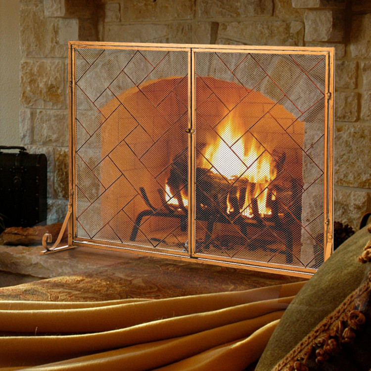 3-Panel Folding Wrought Iron Fireplace Screen with Doors and 4 Pieces Tools Set-GoldenCostway Gallery View 1 of 10