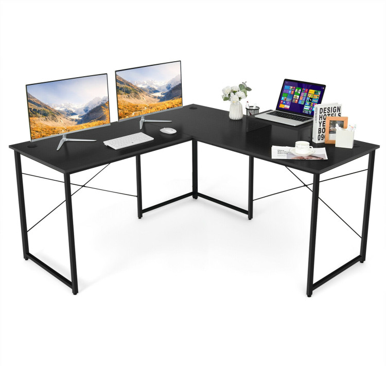 95 Inch 2-Person L-Shaped Long Reversible Computer Desk with Monitor Stand-BlackCostway Gallery View 4 of 11