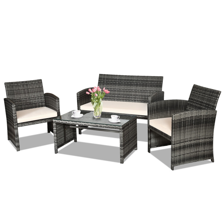 4 Pcs Patio Rattan Furniture Set Top Sofa With Glass Table-WhiteCostway Gallery View 3 of 10