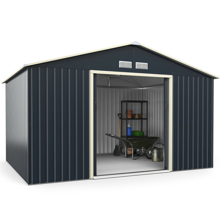11 x 8 Feet Metal Storage Shed for Garden and Tools with 2 Lockable Sliding Doors-GrayCostway Gallery View 4 of 12