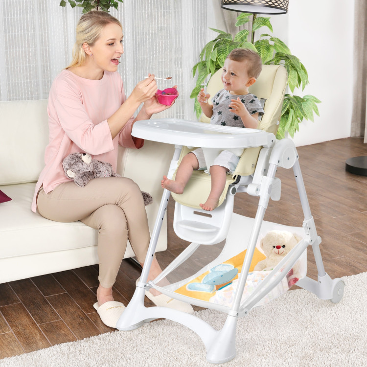 Baby Convertible Folding Adjustable High Chair with Wheel Tray Storage Basket -BeigeCostway Gallery View 2 of 14