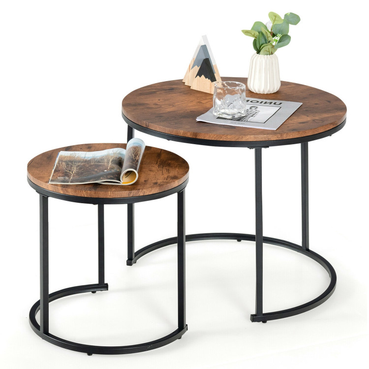 Set of 2 Modern Round Stacking Nesting Coffee Tables for Living Room-Rustic BrownCostway Gallery View 3 of 12