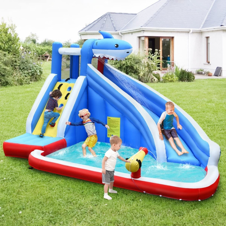 Inflatable Shark Bounce House with Water Slide and Climbing Wall without BlowerCostway Gallery View 2 of 9