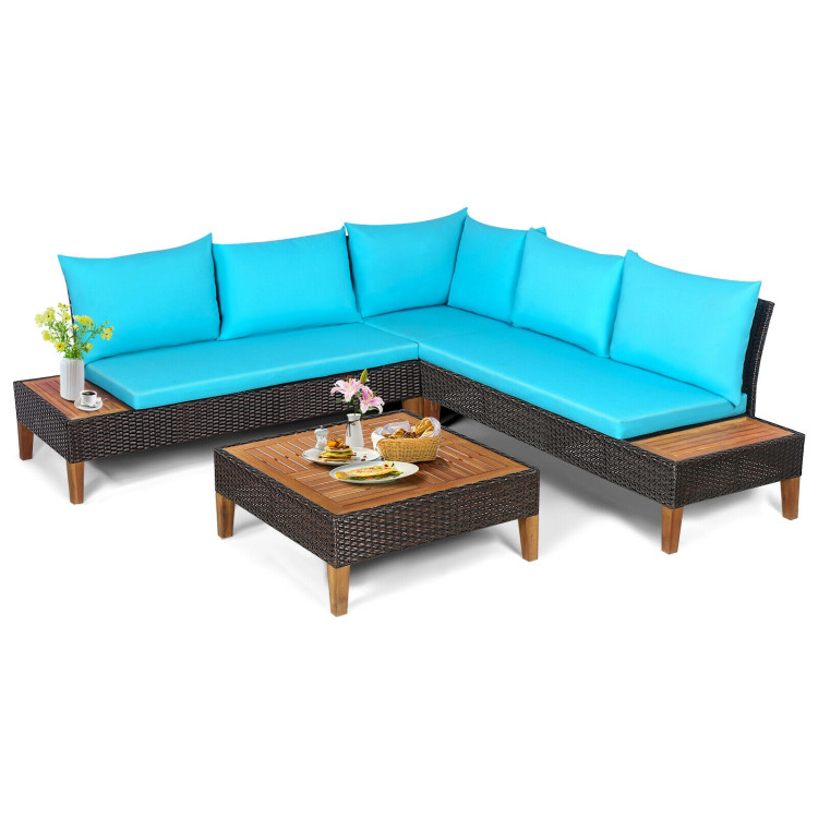 4 Pieces Patio Cushioned Rattan Furniture Set with Wooden Side Table-TurquoiseCostway Gallery View 8 of 9